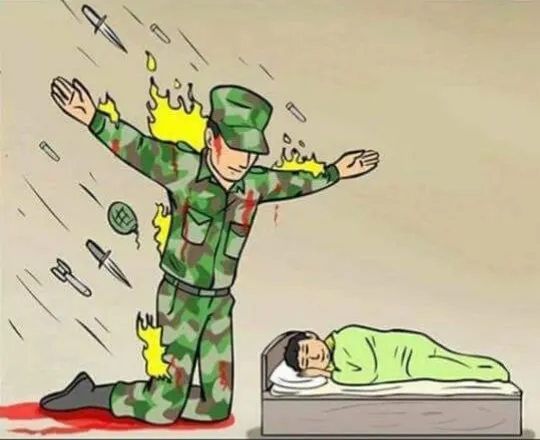 Soldier protecting sleeping child meme template